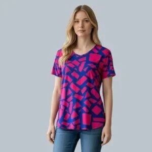 Vivid Pink & Blue Geometric V-Neck Short Sleeve Tee